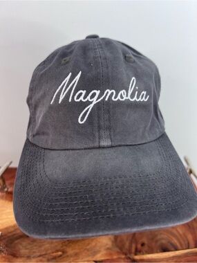 Magnolia Script Distressed Adjustable Baseball Cap Hat - Charcoal and White NWT